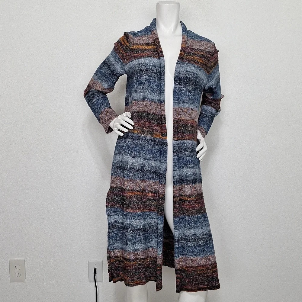 J. Jill Blue Striped Southwest Coastal Longline Duster Cardigan Sweater Size M